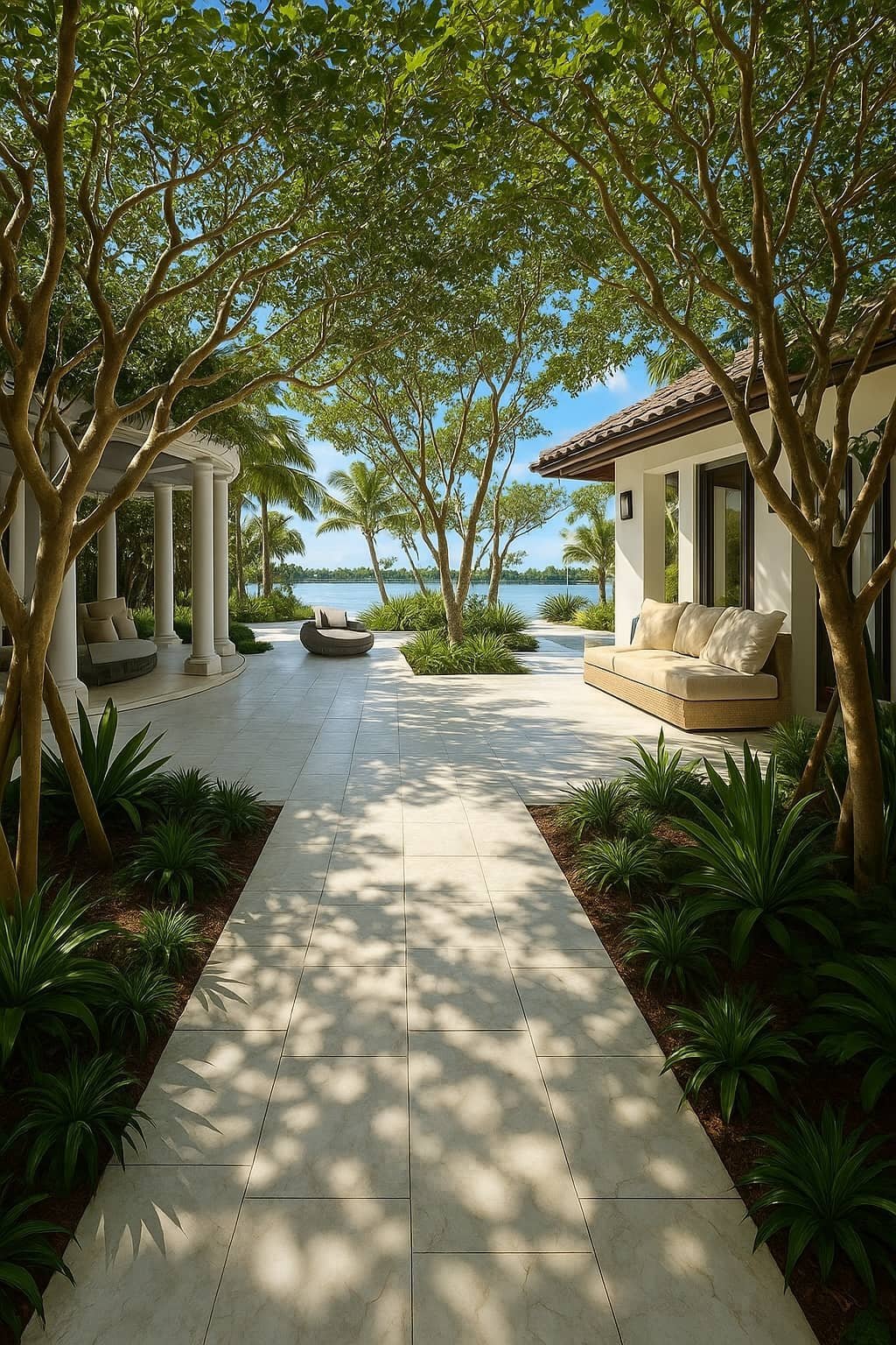 Travertine paver patio overlooking the water in Palm Beach